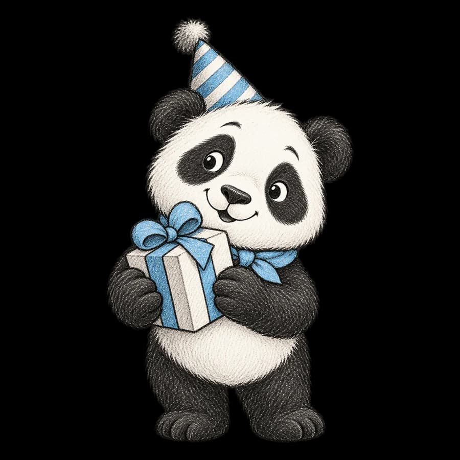 Panda in a party hat holding a gift