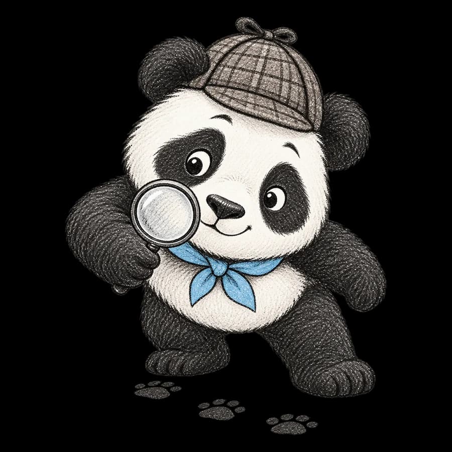 Panda in a detective cap following paw prints