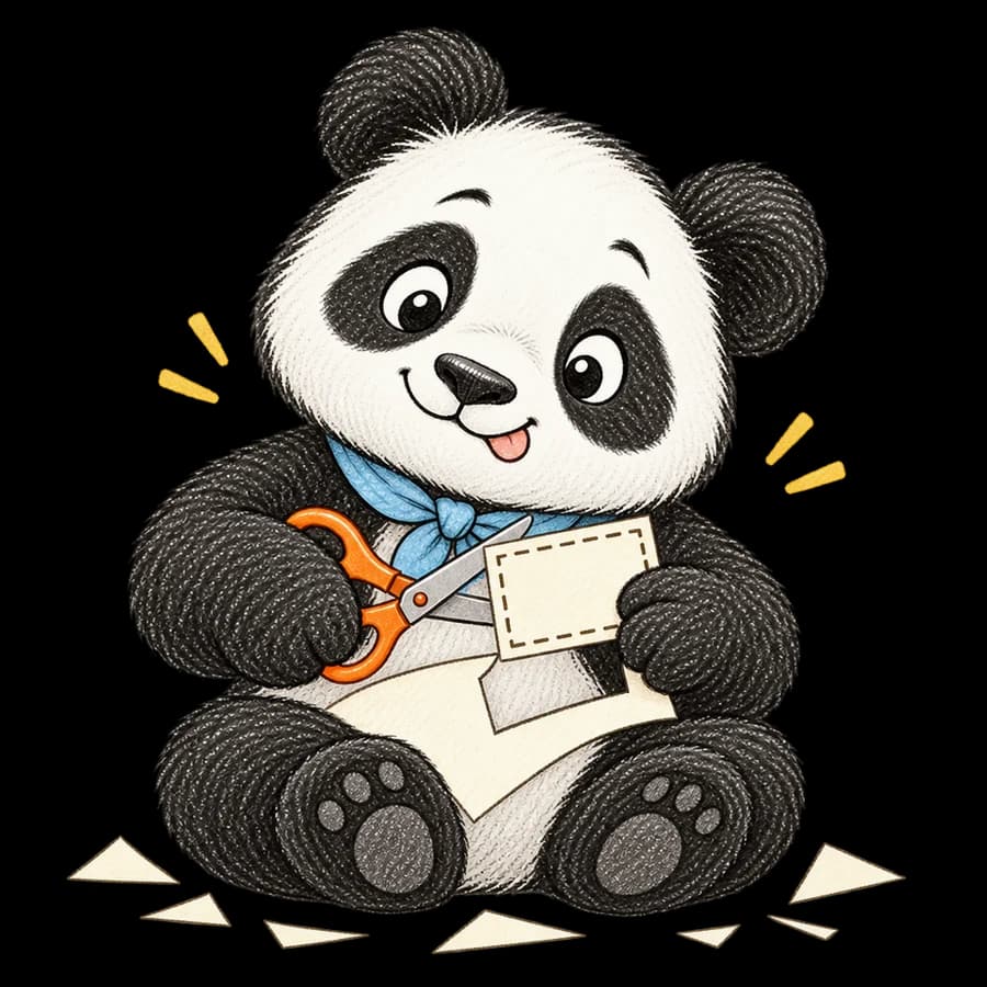 Panda cutting out a clue card with scissors