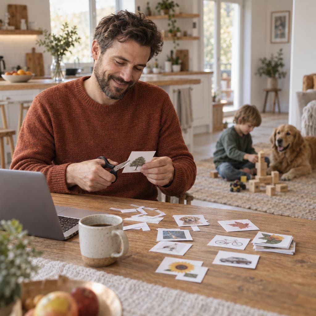 A father at the kitchen table cutting out printed clue cards, laptop open, his son playing behind him