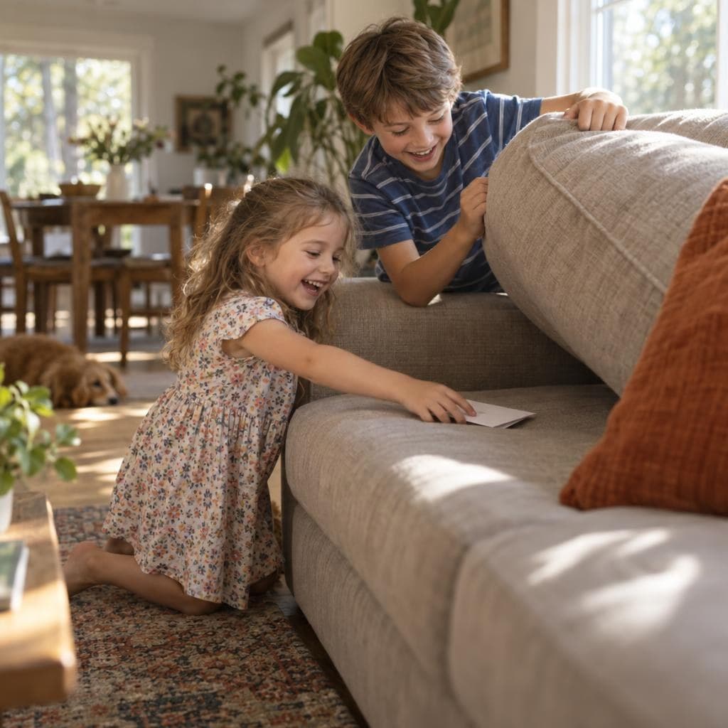Two children lift a sofa cushion and find a hidden clue card