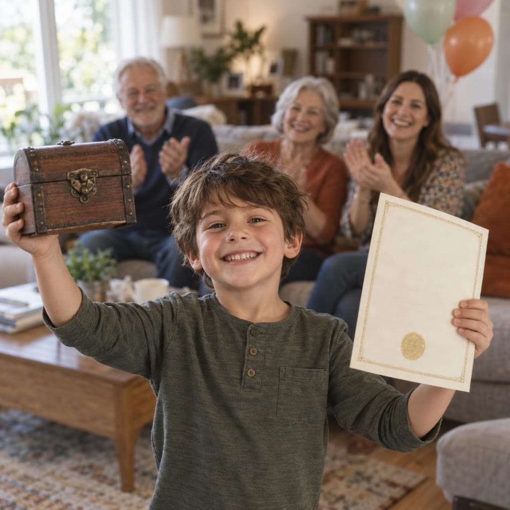 A boy proudly holds up a small treasure chest and his certificate while his family applauds