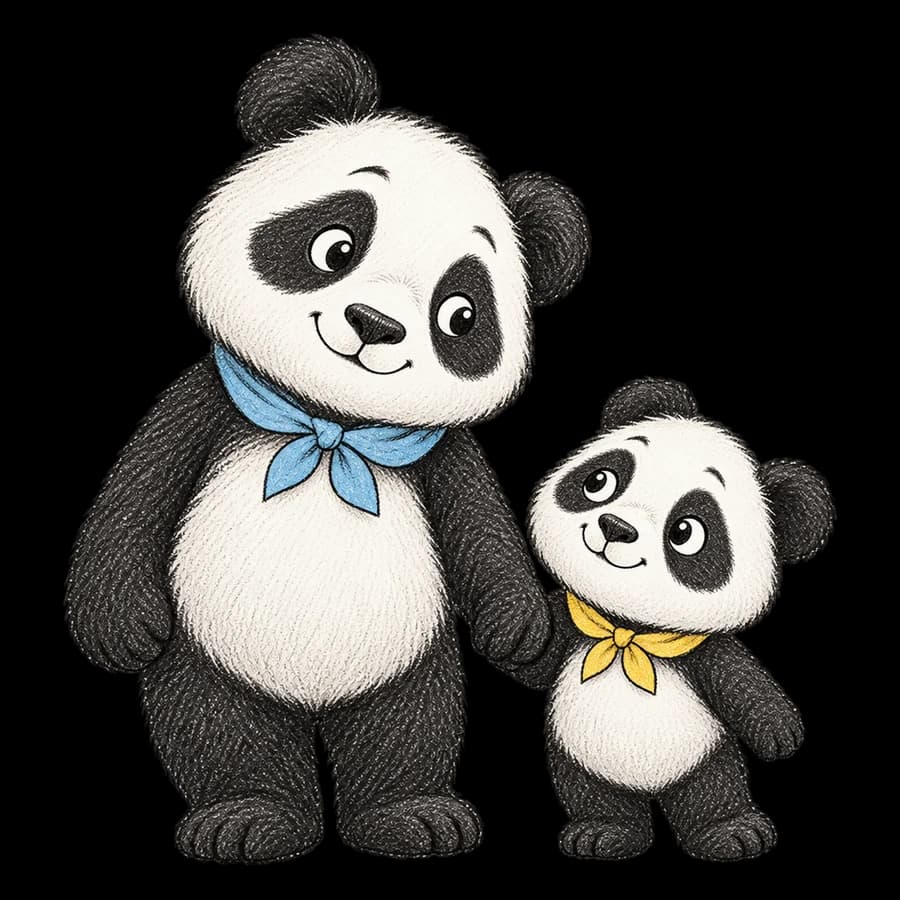 A panda family setting off on a scavenger hunt together